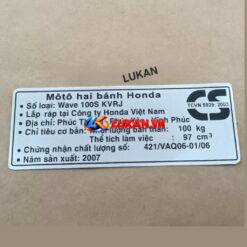 Tem thông số dán hộp xích, cacte xe WAVE S100 2007
