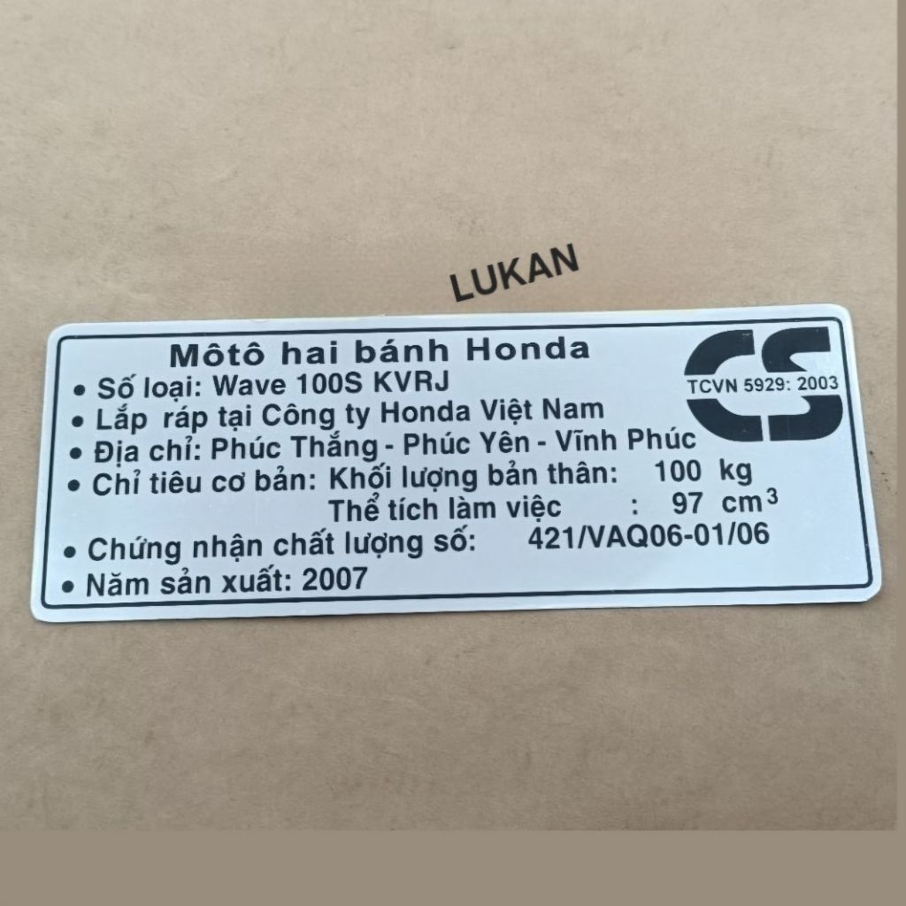Tem thông số dán hộp xích, cacte xe WAVE S100 2007