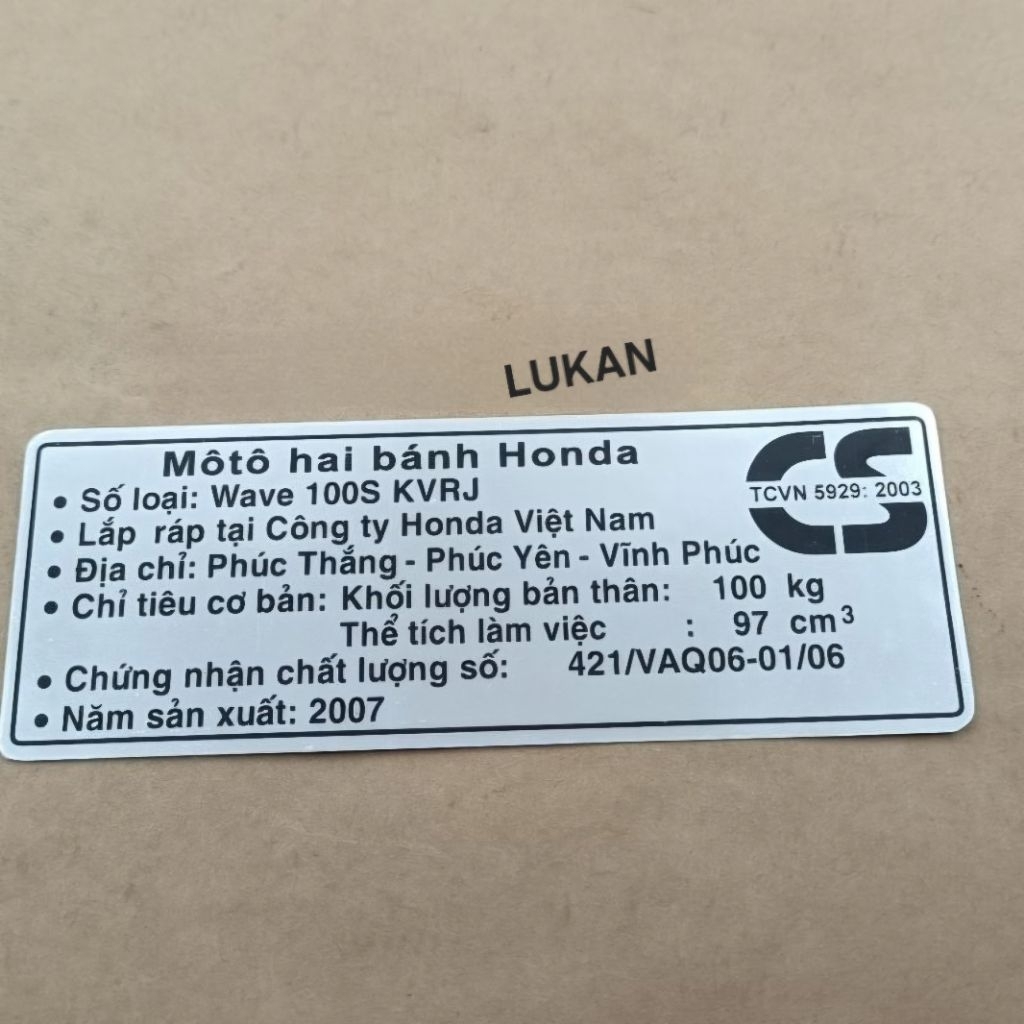 Tem thông số dán hộp xích, cacte xe WAVE S100 2007 - Ảnh 2