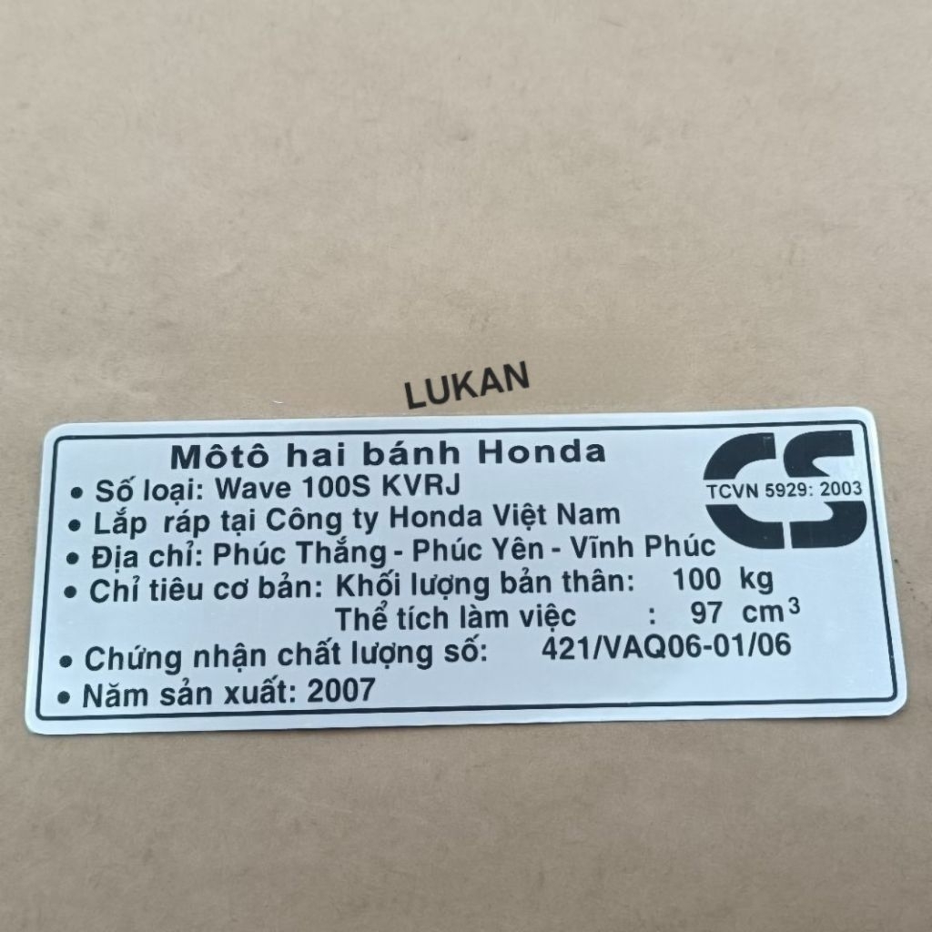 Tem thông số dán hộp xích, cacte xe WAVE S100 2007 - Ảnh 3