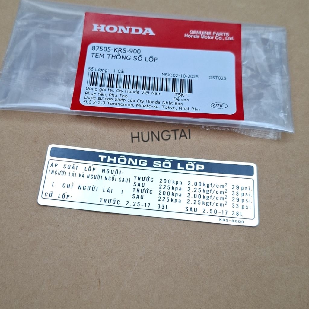 Tem thông số lốp, hộp xích sên cacte xe WAVE ALPHA, ZX... zin Honda 87505-KRS-900 - Ảnh 4