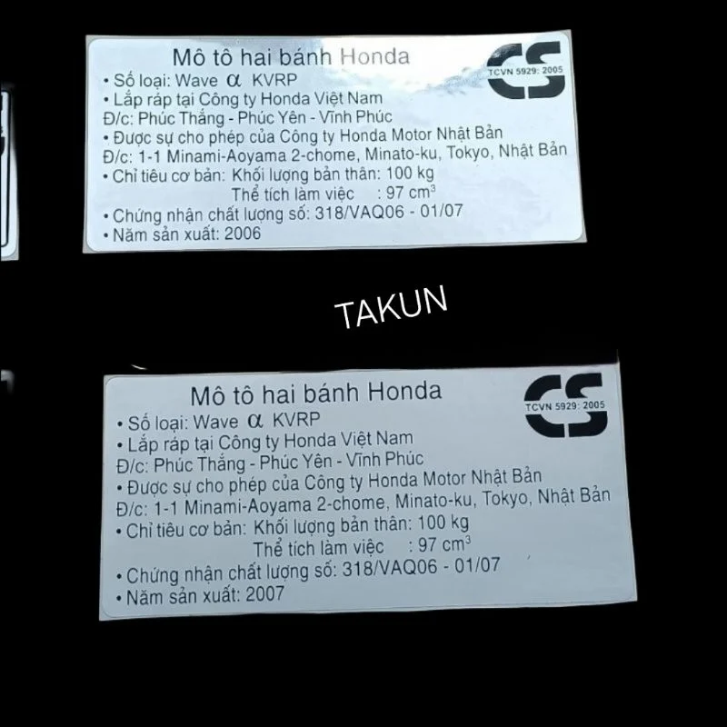 Tem thông số hộp xích, gắp cacte WAVE A, ALPHA 2006-2009 .Tem năm sản xuất - Ảnh 2