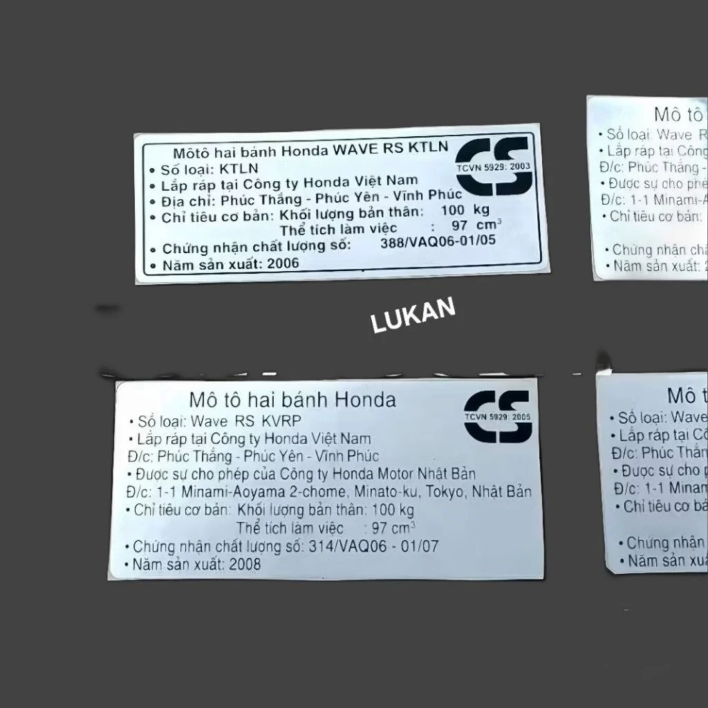 Tem thông số năm sản xuất WAVE RS 2006-2009. càng gấp, gắp hộp xích, cacte - Ảnh 4