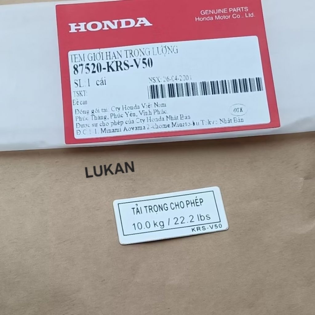 Tem thông số tải trọng WAVE ALPHA, ZX đời đầu zin Honda 87520-KRS-V50