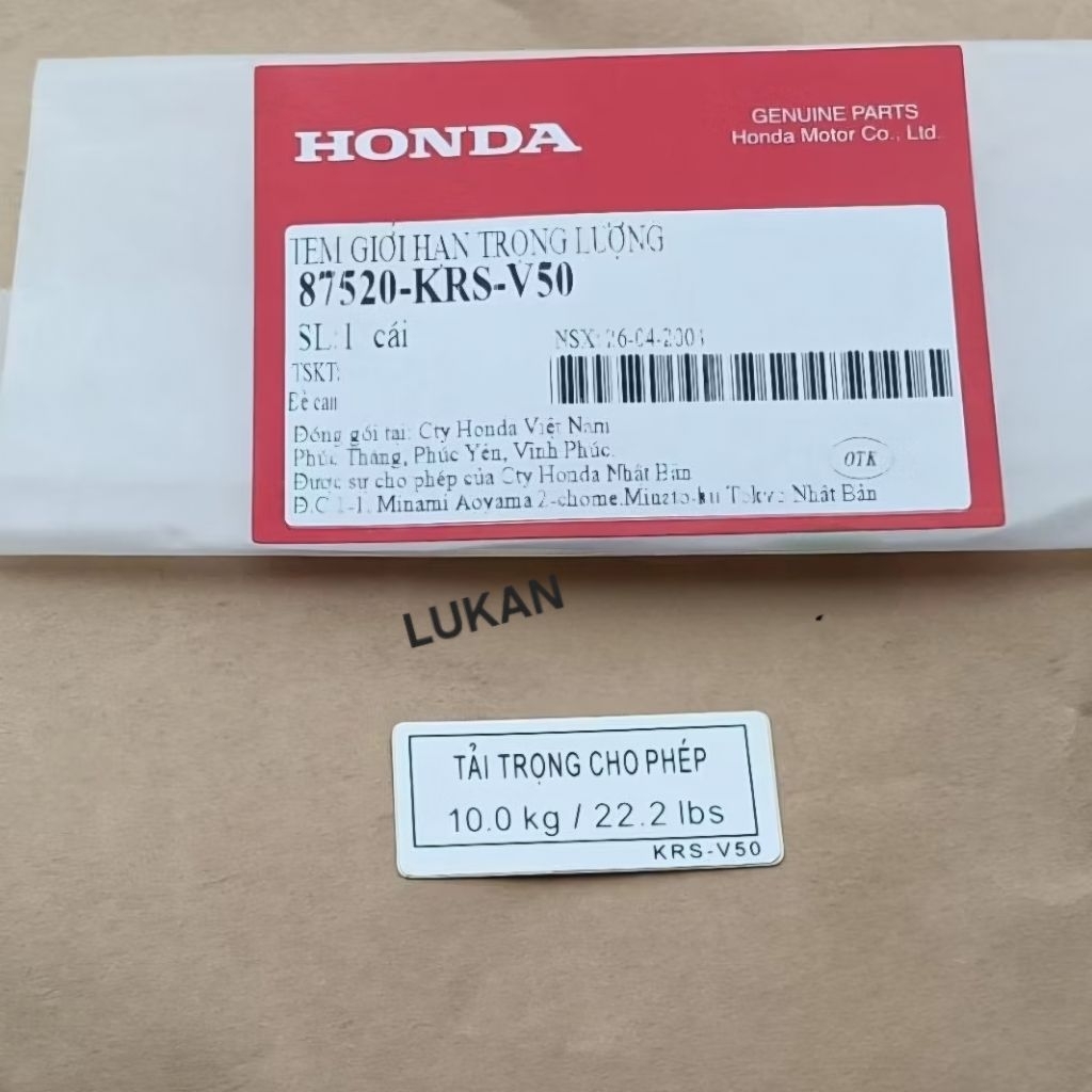 Tem thông số tải trọng WAVE ALPHA, ZX đời đầu zin Honda 87520-KRS-V50 - Ảnh 4