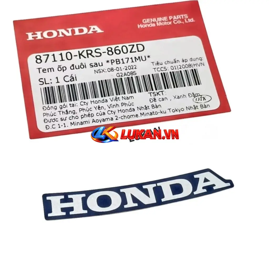 Tem chữ Honda ốp nhựa đuôi rùa WAVE ALPHA Xanh zin 87110-KRS-860ZD