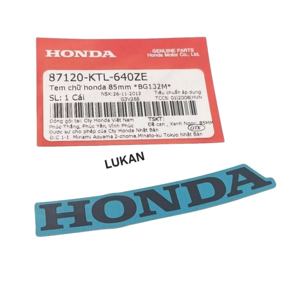 Tem chữ Honda 85mm dán mặt nạ WAVE A, RS, S100... Xanh zin 87120-KTL-640ZE